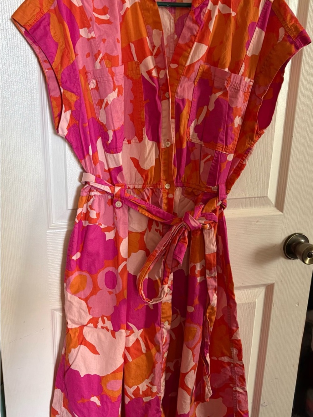 Vibrant Pink & Orange Print Midi Dress with Tie Waist